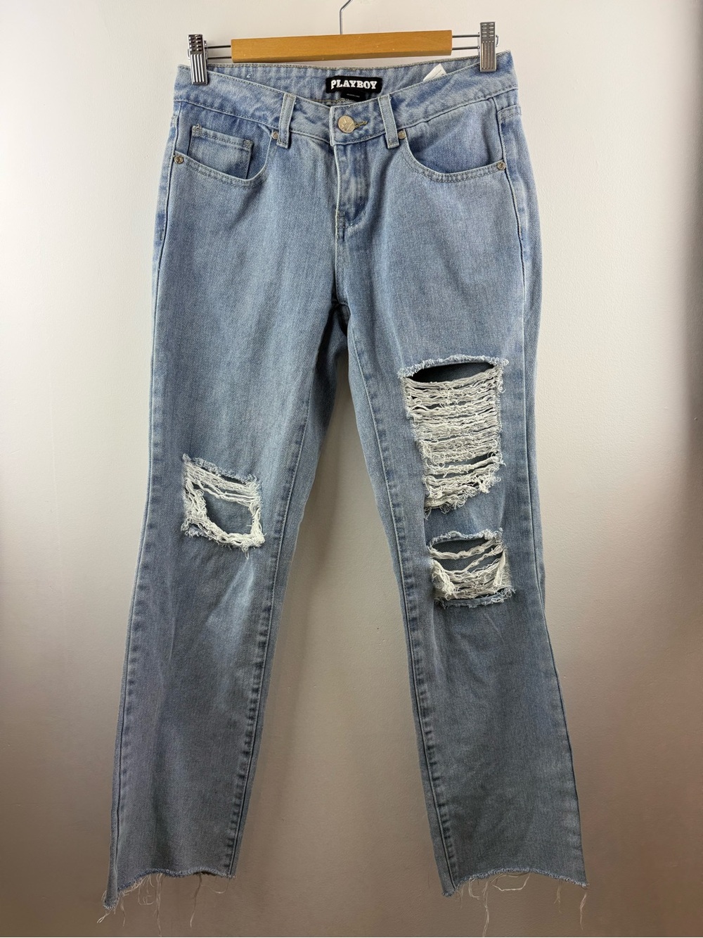 Playboy x PacSun Distressed Jeans Size 0 Light Wash Pink Bunny 90s Boyfriend